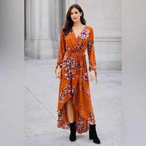 ONE Clothing Rust Floral Wrap Maxi Dress Long Sleeve